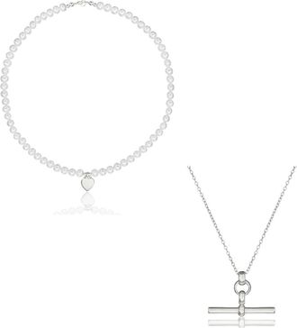 Lily & Roo Silver T-Bar and Large Pearl Personalised Heart Necklace Gift Set