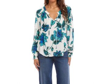Karen Kane Blouson Sleeve Ruffle Tie-Neck Peasant Top In Floral Print