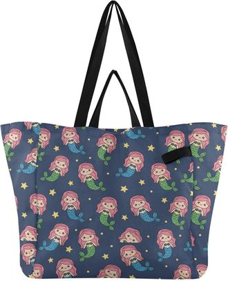 Generic Mermaids Stars Blue print Reusable Canvas Tote Bag, Heavy Duty Grocery Shopping Bag with Double Handles Large Capacity Hard Bottom Work Groceries Trav