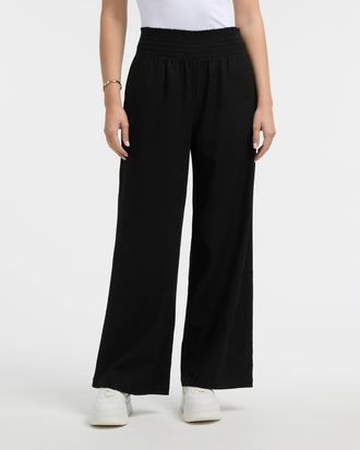 Ellen Tracy Womens Linen Smocked Wide Leg Pant