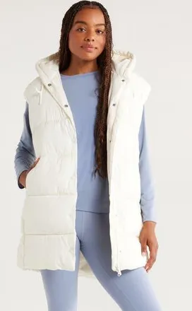 Zella Longline Hooded Puffer Vest in Ivory Egret at Nordstrom Rack, Size Xx-Large