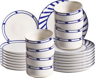 Beliani Vajilla De 24 Piezas De Porcelana Acabado Esmaltado Con Borde Decorativo Para 8 Personas Hecho A Mano Comedor Cocina Blanco Y Azul Shiso