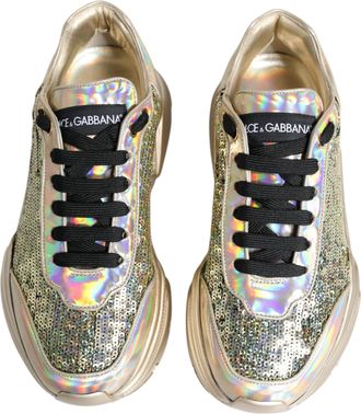 Dolce & Gabbana Mens Gold Sequin Iridiscent Daymaster Sneakers Shoes Polyester Lamb Leather