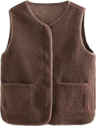 Generic 2025 Womens Fuzzy Fleece Vest Casual Reversible Plaid Sleeveless Warm Jacket Button Down Winter Outerwear Coat Vest Women (Coffee, 185/3XL)
