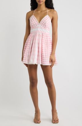LoveShackFancy Arletta Gingham Halter Minidress in Watermelon Waves at Nordstrom, Size 14