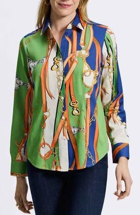 Foxcroft June Status Chain Cotton Button-Up Shirt in Green Multi at Nordstrom Rack, Size 12