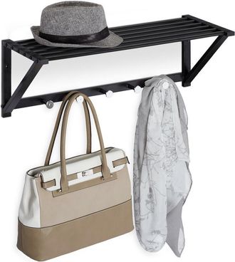 Relaxdays Relaxdays - Wall Coat Rack with Shelf, Wardrobe Rail 5 Hooks, Hallway & Bathroom, Modern, Metal, 23 x 65 x 25 cm, Black