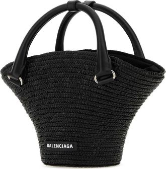 Balenciaga Womens Woven Straw Bucket Bag Black Cotton Polyester