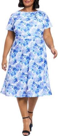 London Times Floral Tie Neck Short Sleeve Fit & Flare Midi Dress in Ivory/Blue/Royal at Nordstrom Rack, Size 16W