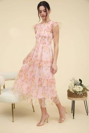 Blu Pepper Lucia Floral Smocked Tiered Maxi Dress In Pink