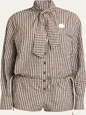 Moncler Vichy Long-Sleeve Romper with Bow