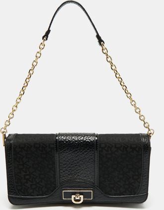 DKNY Dkny Black Signature Fabric And Leather Flap Chain Shoulder Bag