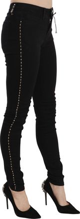Costume National Womens Black Embellished Mid Waist Skinny Denim Jeans Cotton Clothing