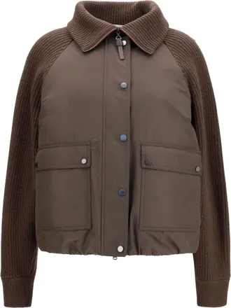 Brunello Cucinelli Donsjack met wollen mouwen - Dames - Jassen - Bruin - Maat: M Wol