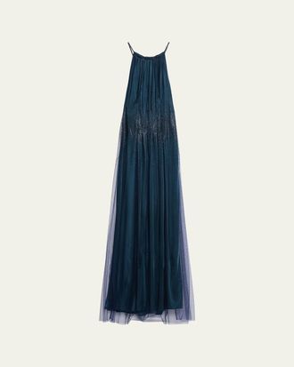 Giorgio Armani Rhinestoned Pleated Tulle Jersey Halter Gown