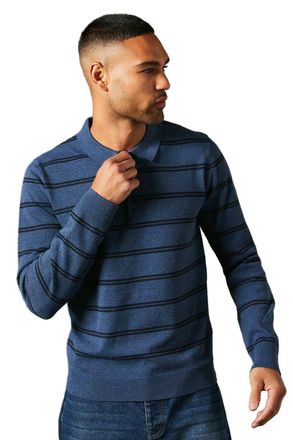 Maine Mens Stripe Knitted Long-Sleeved Polo Shirt (XXL) (Blue)