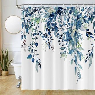 OEM Cortina De Ducha Ccykxaa De 180 X 180 Cm, Eucalipto, Estampado Floral Azul Y Blanco, Impermeable Y Resistente Al Moho - Crezuo