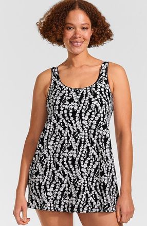 Lands End Scoop Neck Mini Swim Dress One Piece Swimsuit in Black/white Vine Floral at Nordstrom, Size X-Small