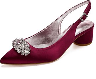 Generic Wedding Shoes Womens Low Heels Pointed Toe Bridal Heels Comfortable Satin Chunky Heels Prom Party Dress Shoes 4.5Cm,Burgundy,3 UK