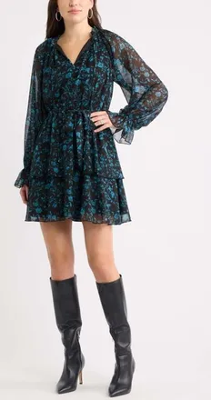 Chelsea28 Floral Chiffon Tiered Minidress in Black- Blue Floral at Nordstrom, Size Xx-Small