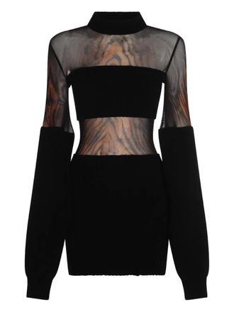 Jean Paul Gaultier tiger-print mesh-insert mini dress - women - Polyamide/Wool - M - Black