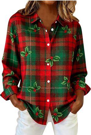 Generic Womens Classic Plaid Shirts Cotton Long Sleeve Button Down Flannel Checked Blouse Loose Oversized Casual Check Tops Ladies Lightweight Shirt for Sprin