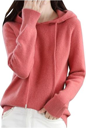 Generic Womens Cashmere Sweater with Hooded Pullovers Fall Winter Cashmere Hooded Sweater Loose Knitting Pullover Sweater (Watermelon Red,Small)