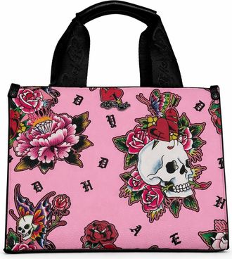 Ed Hardy Womens Tattoo Print Crossbody Bag - Floral Skull Graphic Shoulder Bag with Adjustable Strap, Pink Floral, One Size