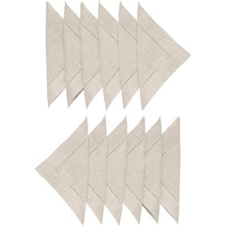 Solino Home Linen Cocktail Napkins Set of 12, 6 x 6 Inch for Dining Table, Holiday and Everyday Table Decor - Classic Hemstitch in Light Natural at