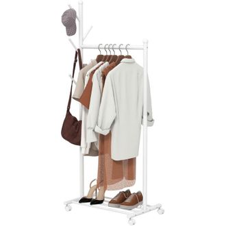 OEM Perchero, Perchero Con Ruedas, Armario M&oacute;vil Con Barra Para Colgar Ropa, 5 Ganchos, Estante Para Zapatos, Blanco -crezuo