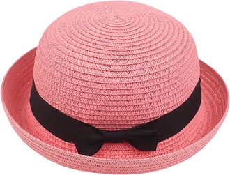 Generic Lady Boater Sun Caps Classic Vintage Ribbon Round Flat Top Straw Beach Hat Retro Summer-Wide-Brim Hats for Women with Band Outdoor Pink One Size