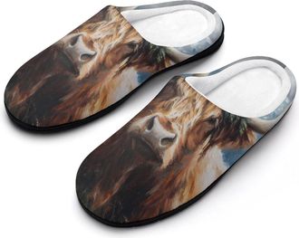 Generic Highland Cow Floral Snowy Mountain Slippers Men Winter Warm Cotton Anti-Slip Indoor Slip-Ons House Shoes