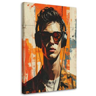 Feeby Cuadro Sobre Lienzo Retrato Masculino Con Gafas Y Detalles En Naranja 70x100