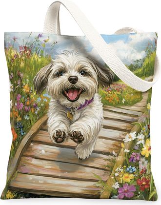 Generic Spring Shih Tzu Dog Canvas Tote Bag for Shopping 13x15, Country Garden Puppy Reusable Grocery Print Pattern Bag for Women, Fun Flower Pet Beach Aesthe