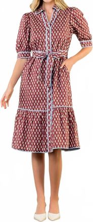 THML Clothing Puff Sleeve Button Front Dress In Brown Print