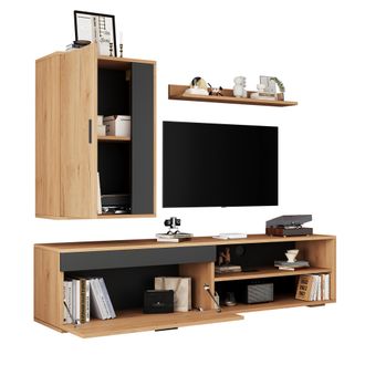 STILVORA Mueble Tv De 3 Piezas Con 2 Puertas, 2 Compartimentos Semiabiertos Y Estante De Pared, Para Sal&oacute;n, En Tablero De Part&iacute;culas, Roble Y Negro