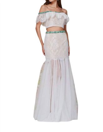 Angela & Alison Cropped Top Prom Dress In Emerald/nude