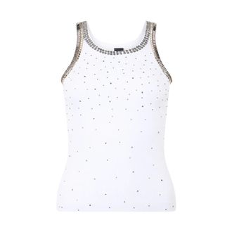 Pinko Pinko, Tops, Dames, Wit, M, Katoen, Ribbed Top met Sierlijke Borduurwerk