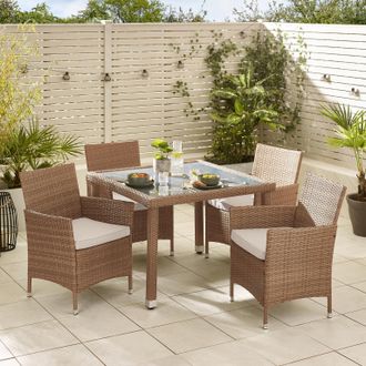Furniturebox Barbados Rattan Outdoor Garden Dining Set, PE Rattan & Cushions, 4 Chairs 1 Square Glass Top Outdoor Table in Light Brown