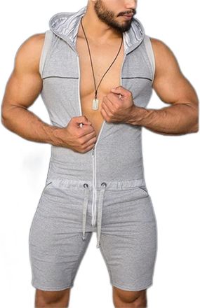 Generic Mens Sleeveless Onesie, Adult Baby Romper For Men With Hooded Sexy Stretchy Jumpsuit Breathable Tight Onesies With Zipper Mens One Piece Bodysuit Draw