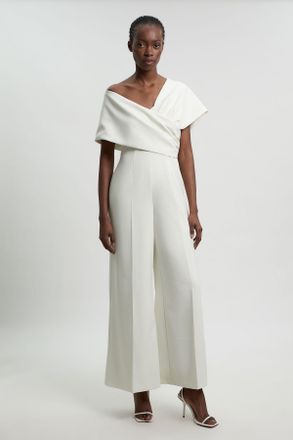 Karen Millen Womens Petite Compact Viscose Stretch Tailored Off Shoulder Jumpsuit - White - Size 10 UK
