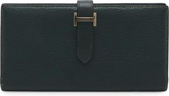 Herm&egrave;s Green Chevre Leather Long Wallet (Bi-Fold) (Pre-Owned)