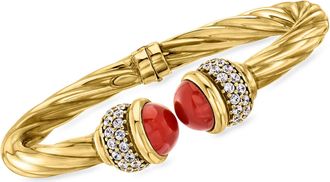 Ross-Simons Italian Carnelian and CZ Twisted Cuff Bracelet in 18kt Gold Over Sterling