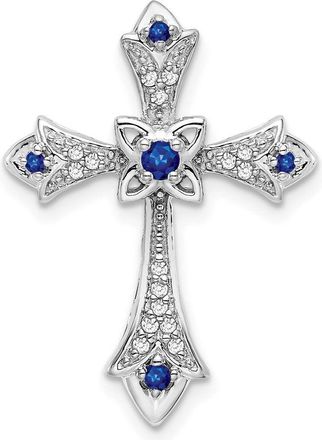 Diamond2Deal 14k White Gold Round Sapphire and Diamond Fleur de Lis Cross Chain Slide