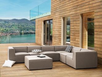 Beliani Sof&aacute; Esquinero 7 Plazas Modular De Poli&eacute;ster Beige Arena Negro Izquierdo Con Reposapi&eacute;s Arezzo