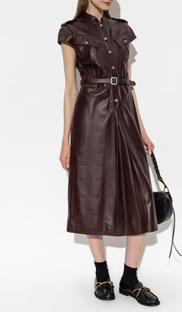 Alexander McQueen Leather Dress With Belt, Womens, Burgundy