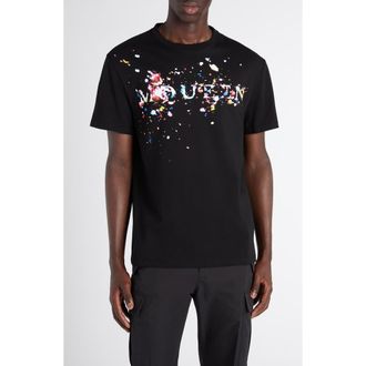 Alexander McQueen Paint Splattered Logo Graphic T-Shirt in Black /Multicolour at Nordstrom, Size Xx-Large
