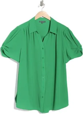 Adrianna Papell Gathered Short Sleeve Button-Up Shirt in Vivid Green at Nordstrom Rack, Size 2X