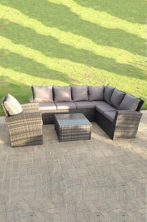 Fimous 7 seater high back mixed rattan corner sofa set chair square coffee table outdoor furniture in Dark Grey