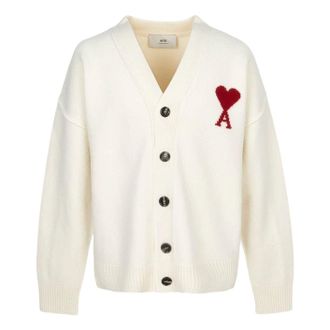 Ami Big Heart Logo Felt Merino Wool Cardigan Ivory Red UKC367-018-154